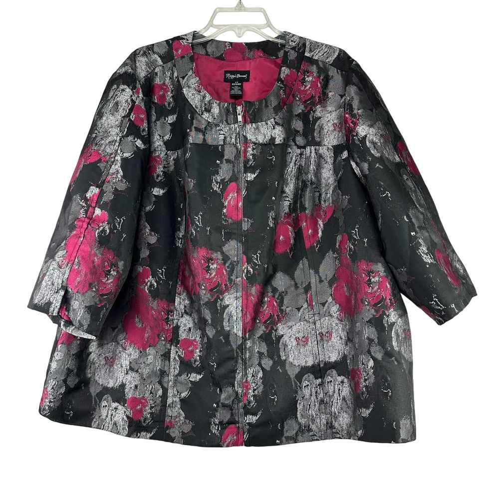 Maggie‎ Barnes Full Zip Jacket Womens Size 2X Gray Floral 3/4 Sleeve Boxy Lined